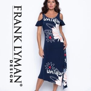 Frank Lyman fkoral cold shoulder asymmetrical maxi scoop neckline. Size 14